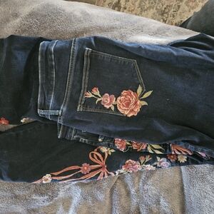 DRIFTWOOD Dark Blue Jeans with Pink Floral Embroidery